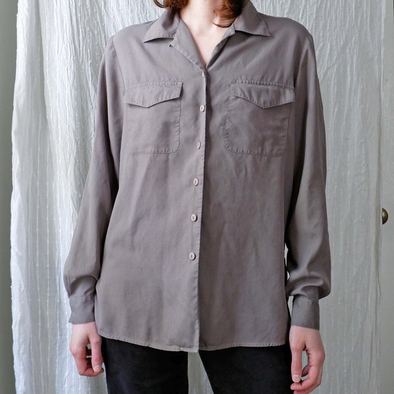 Medium | Vintage gray silk minimalist button down… - image 2