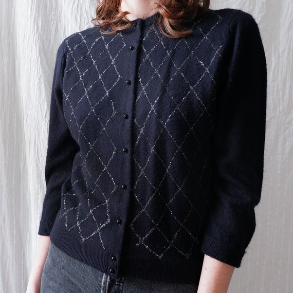 XS | 1950s acrylic black cardigan sweater with gl… - image 1