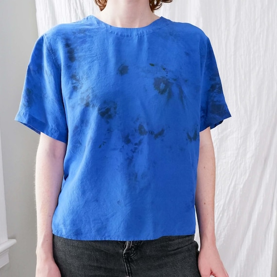 Small | 80s silk bright blue hand dyed short slee… - image 1