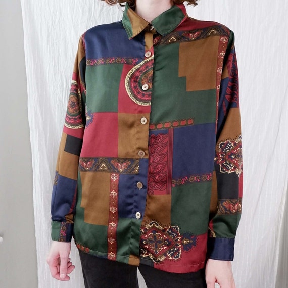 Medium | 90s polyester patchwork multi color coll… - image 1