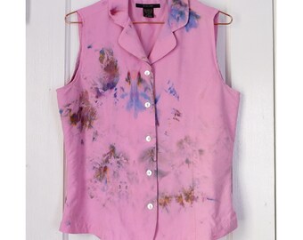 Small | 90s silk vintage sleeveless collared button blouse purple pink hand ice dyed | Silkland