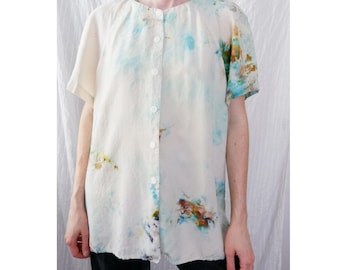 Large | Vintage silk hand ice dyed minimalist button down short sleeve blouse | Liz Claiborne