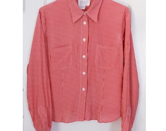 Extra Small/Small | 90s red white striped silk minimalist collared long sleeve blouse | Tess