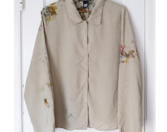 Medium I jaren '90 grijze gekraagde zijden minimalistische handijsgeverfde upcycled herwerkte vintage blousejasje I Dialoog