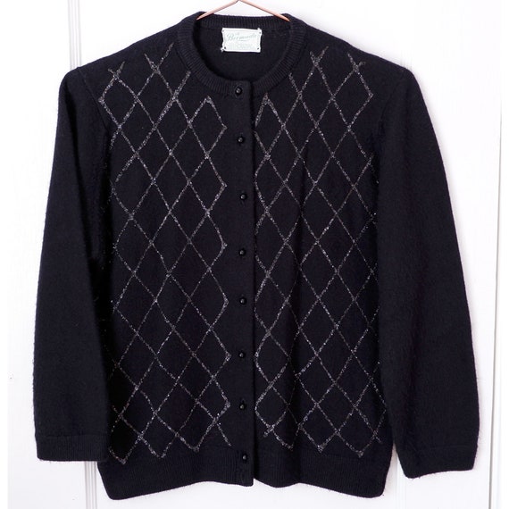XS | 1950s acrylic black cardigan sweater with gl… - image 2