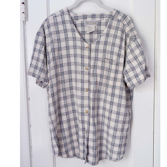 Large | Raw silk plaid baseball style V-neck butt… - image 2