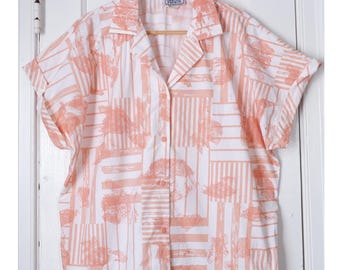 XL | 80s abstract pattern pink short sleeve cotton vintage collared blouse | California Events