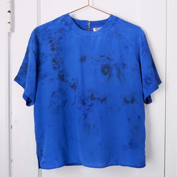 Small | 80s silk bright blue hand dyed short slee… - image 2