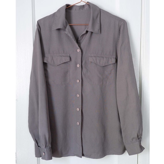 Medium | Vintage gray silk minimalist button down… - image 5