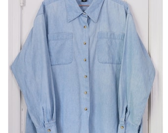 Groot I jaren 90 minimalistisch denim kraag lange mouw dames button-down vintage overhemd I Chic