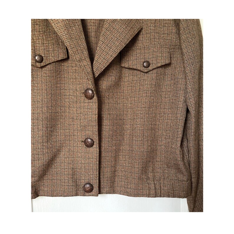 80/'s 90/'s Made In the USA Casual Corner /& Co Vintage Brown Plaid Polyester Rayon Cropped Buttoned Long Sleeve Jacket Size 10