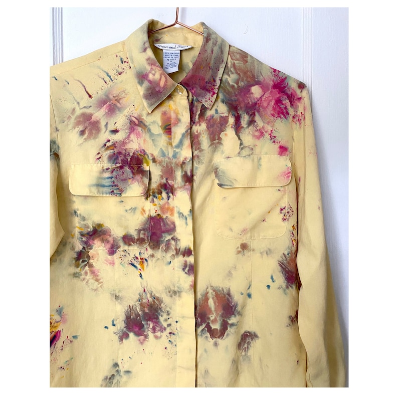 Light yellow silk long sleeve military style silk blouse Ice dyed Petite SmallMedium Anna and Frank 90/'s womens vintage blouse