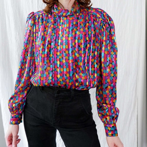 Medium/Large | 80s colorful dot patterned vintage… - image 1