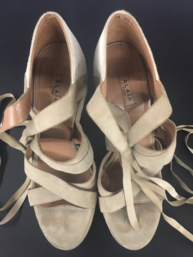 SALE Alaia tan suede platform lace up heels suede foot straps | Etsy