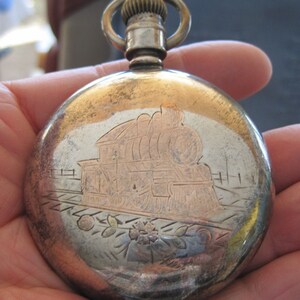 Pocket watch with train on back sale