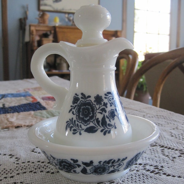 Vintage Avon milk glass Pitcher & Basin; Porcelain Cruet, stopper, dish / bowl; white milk glass. Embossed, raised design; blue flower band