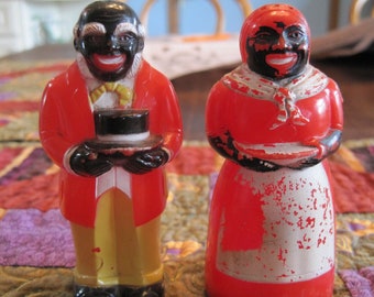 Vintage African American Salt & Pepper Shaker Set; Resin Plastic; 3 1/4" high; 1 1/2" diameter base. Gentleman, Woman.