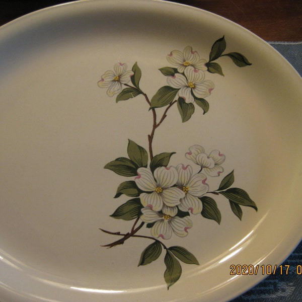 Homer Laughlin Debutante Large Porcelain oval platter. 13" X 11". Stamped D 51 N 8. Off white ceramic, green floral pattern off center