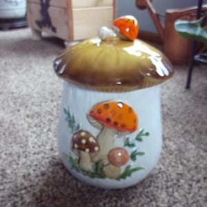 Op de afbeelding: Een keramische paddenstoelvormige pot met een bruine dop en witte body. De body is versierd met geschilderde paddenstoelen in oranje, bruin en beige. Een kleine oranje paddenstoel staat bovenop het deksel. De pot wordt waarschijnlijk gebruikt voor opslag.