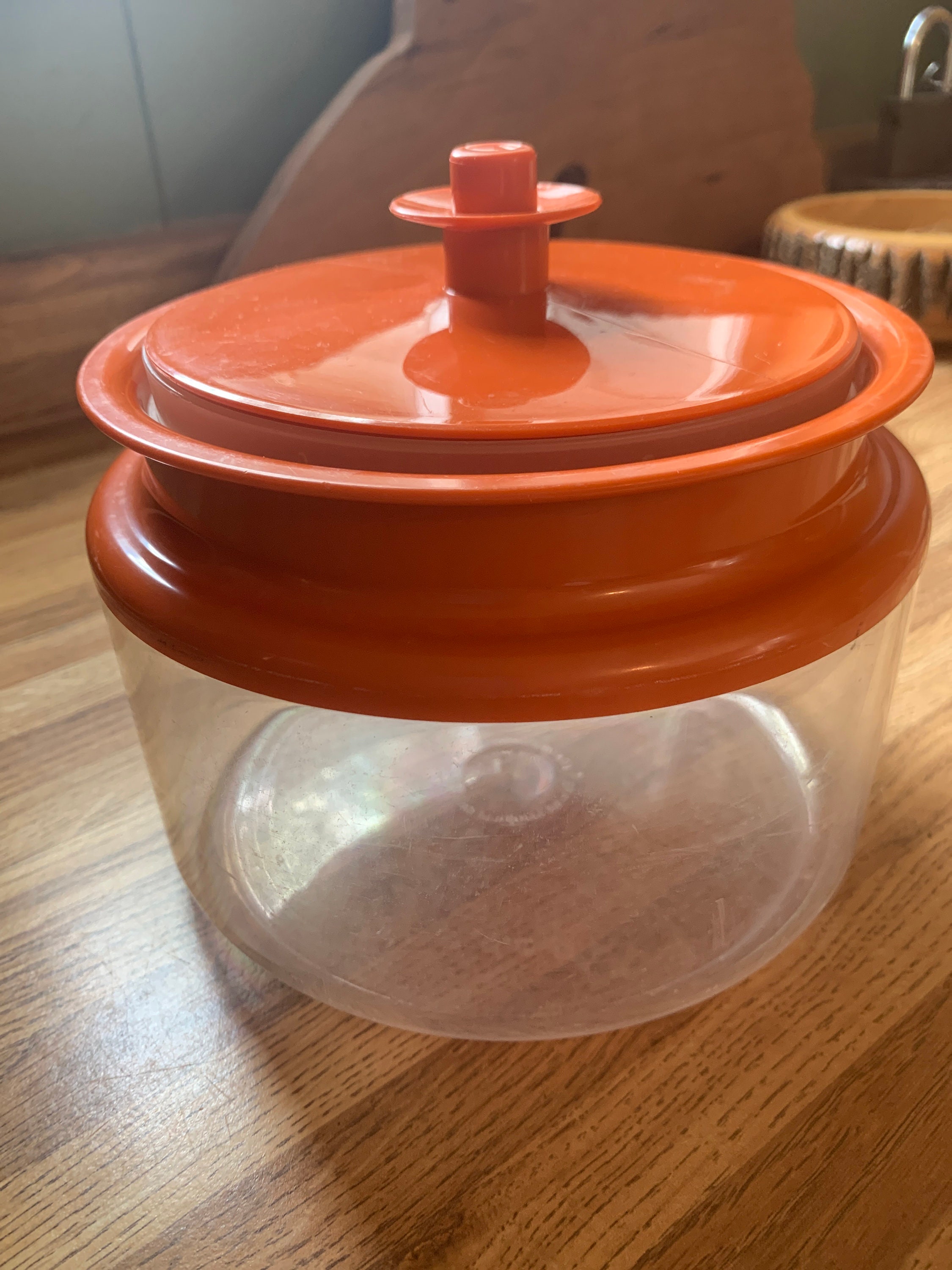Vintage Clear Tupperware Canister 4481. Acrylic Cookie Jar, Orange