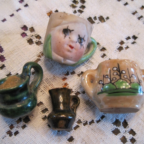 Vintage Miniature Face Mug; Beer stein / mug / cup; double handle mini vase made in Occupied Japan. Dollhouse, mini, tiny ceramic porcelain.