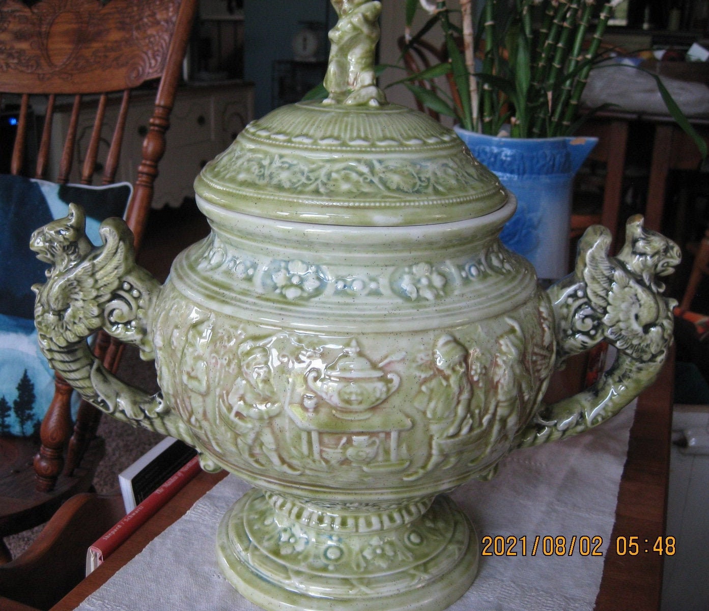 Unique Vintage Large 2 Handle Green Ceramic Jardiniere, High Unique Vintage Large 2 Handle Green Ceramic Jardiniere, High