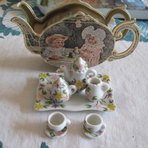Vintage Miniature Tea Set in Teapot Container box. Victorian Dollhouse Ceramic Porcelain China Tray, teapot, creamer sugar lid; cups saucers