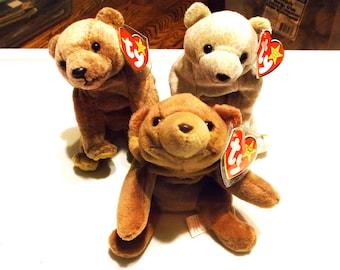 Vintage Ty Beanie Babies Bears: Cubby, Pecan, Almond Collectible