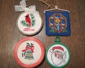 Vintage 70s Counted Cross Stitch Christmas Ornament Bells Sleigh Round Frame