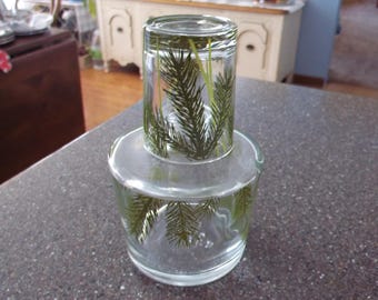 Vintage Individual Water Carafe and drinking glass: Bedside decanter. 1 1/3 cups glass; jar; pitcher. Matching 1/2 cup water cup, shot glass
