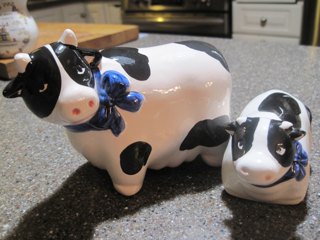 2 Vintage Cow Figurines. Holstein Cow & Calf Blue Ribbons. Etsy