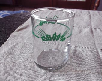 Vintage Juice Glass: 4 oz. Shot Glass; Sampler glass. Beer Chaser. Green Holly Leaves and pine; clear glass shot ski. Orange, tomato juice
