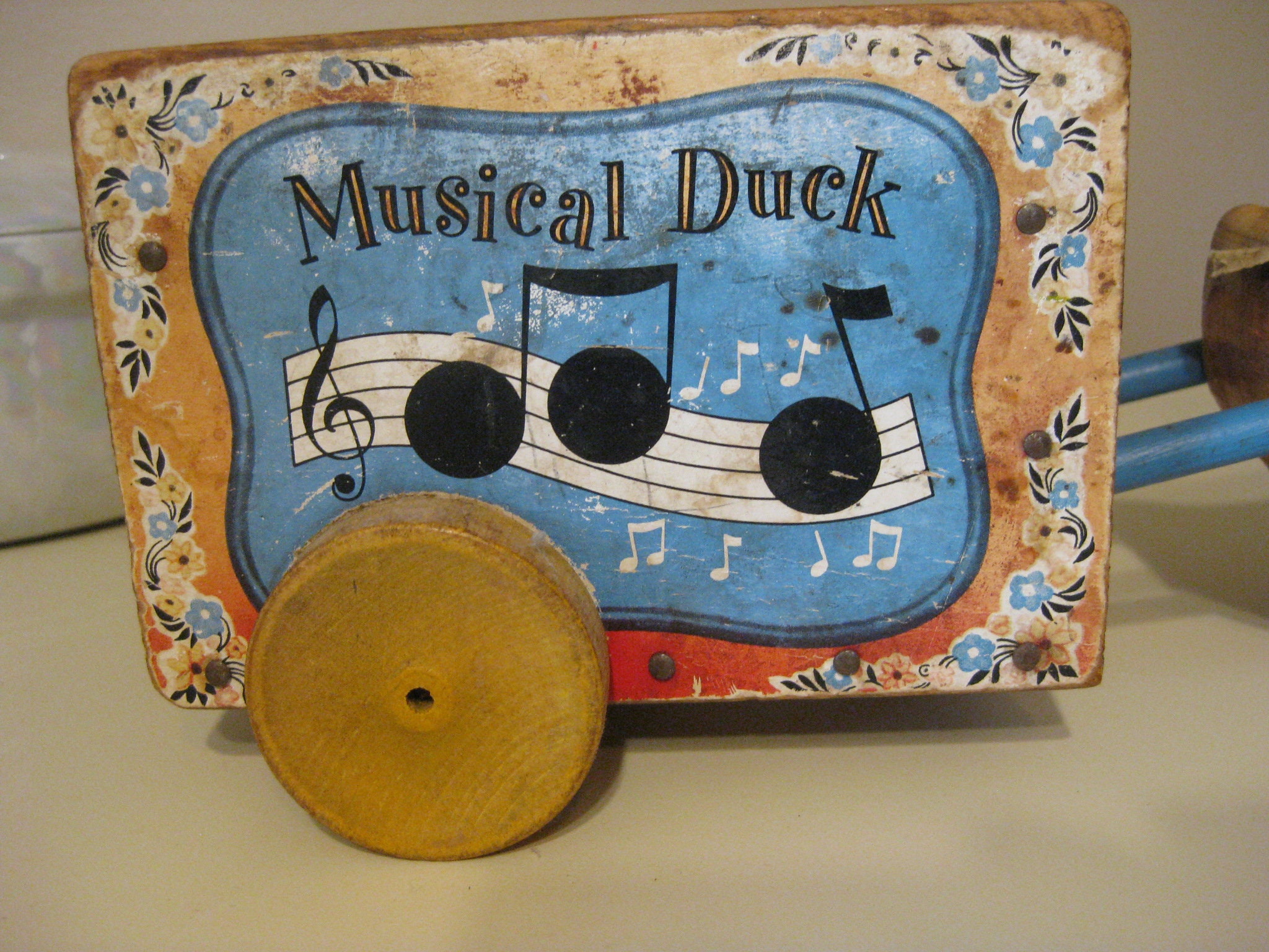 Vintage Fisher Price Musical Duck Pull Toy: 1930s Wooden Cart