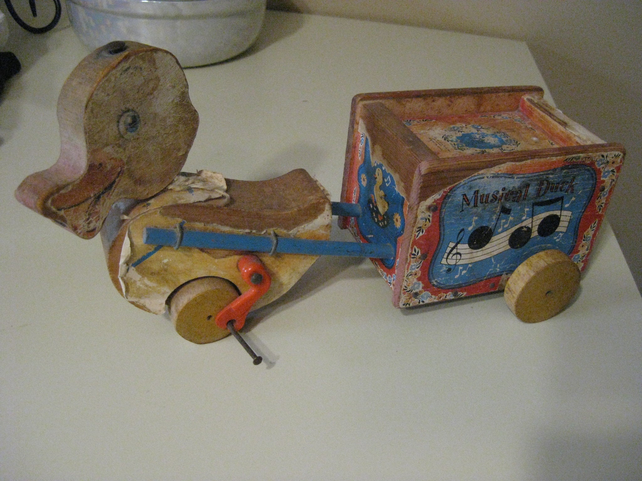 Vintage Fisher Price Musical Duck Pull Toy: 1930s Wooden Cart