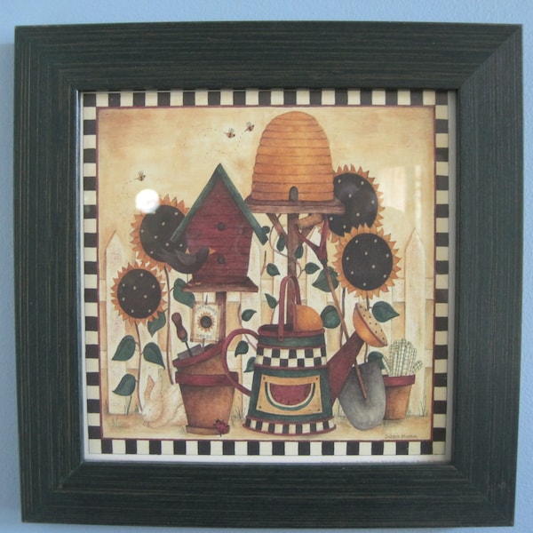 Vintage Debbie Mumm art print; 10.5" X 10.5" wood frame; Hanger; framed, under glass. Garden, Beehive, water can, sunflowers, check border