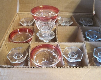 12 pc Vintage Ruby Red & Clear Opalescent punch cup set. Indiana Glass Kings Crown Cranberry Thumbprint; 6 sided base 4 oz stemmed glassware