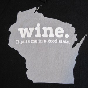 Vintage Wisconsin Wine T-Shirt. Black w/ gray, v neck, Chris Stuff brand, Size Plus 1 Womens t shirt. Pullover jersey. WI Wine State outline