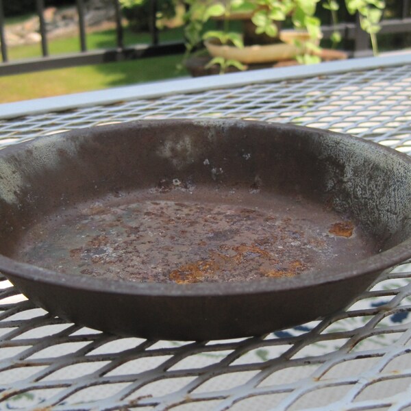 Antique small tin pie pan, logging camp plate. Faux succulent planter; centerpiece bowl; candle holder. 7" D old pan. Rustic rusty primitive