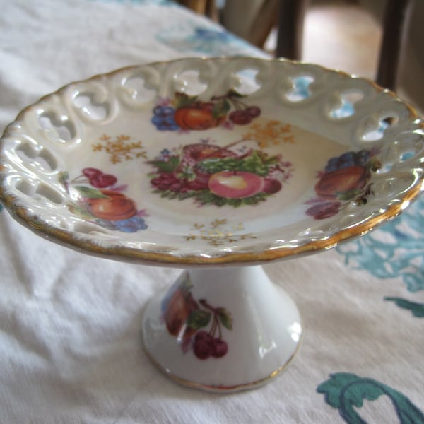 Antique China Pedestal Dish: White ceramic porcelain, gold trim, lace, open work, hand painted flowers. Japan. Candy, nuts, jewelry stand