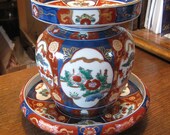 Vintage Japanese Imari Gold Ginger Jar Vase Bowls. 3 pieces, Hand painted cloisonne floral. Oriental, Asian porcelain China plate, dish