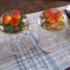 Vintage Wilke Geschenke Lucite jam pot and acrylic serving spoon. Domed Fruit lid, clear container. Jelly; condiments; honey jar; preserves