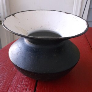 Antique Cast Iron Spittoon: Black Enameled Cuspidor with Porcelain Interior. Vintage chewing tobacco spit pot. Authentic Real Cuspidor
