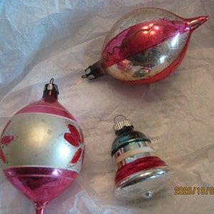 3 Vintage hand painted mercury glass ornaments; 2 tear drop, 1 bell ornament; Glitter Stencil; Christmas tree holiday decoration, trimmings