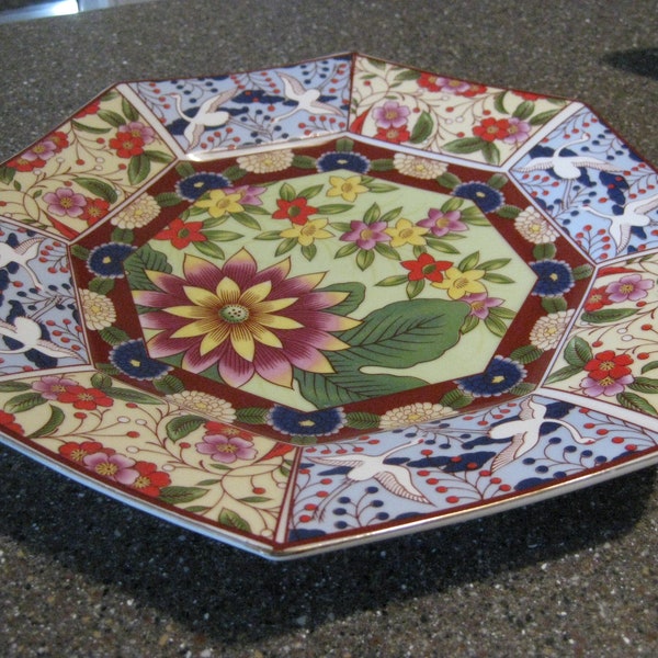 Vintage Japan Imari Ware Octagon 10" Plate, Cloisonne Style Floral, Cranes Gold Trim. Japanese Oriental Asian Floral dish, porcelain platter
