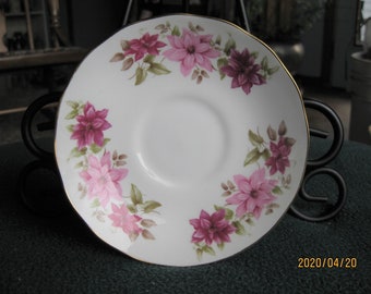 Queen Anne Bone China 5 1/2 " plate, saucer; dainty pink and mauve flowers, gold scallop edge. Made in England. Ridgway Potteries Ltd H 17 2