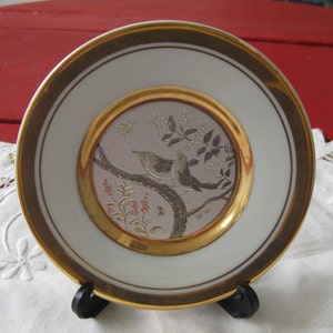 Vintage Art of Chokin Plate, 24 carat gold edged rim. 2 birds on a branch. Decorative 4&quot; plate. Japan. Ornamental Asian Eastern plate; stand
