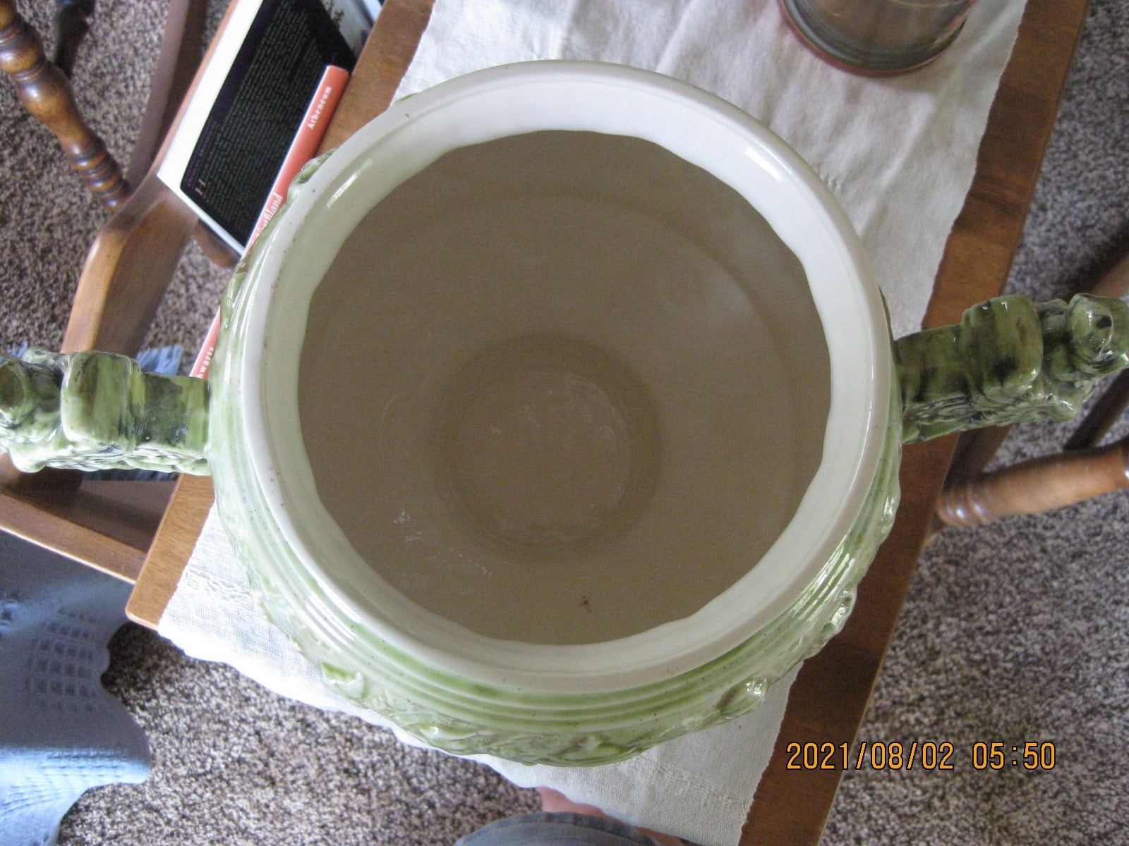 Unique Vintage Large 2 Handle Green Ceramic Jardiniere, High Unique Vintage Large 2 Handle Green Ceramic Jardiniere, High