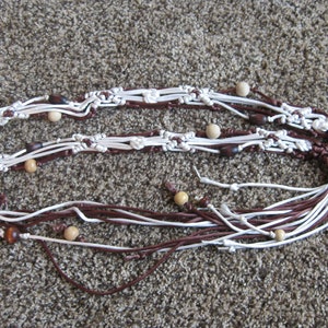 Vintage 70s Macrame Belt: Knotted Nylon Cord with Wood Beads