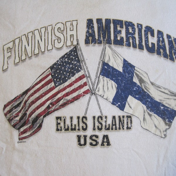 Vintage Finnish American T Shirt. Ellis Island, USA. Unisex t-shirt; size L. White, flag of Finland and United States. Suomi. Finn Fest