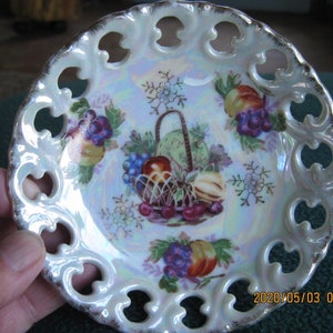 Iridescent Open Lace Trinket Dish: Hand-Painted Fruit Basket, Gold Trim (4 3/4&quot;)